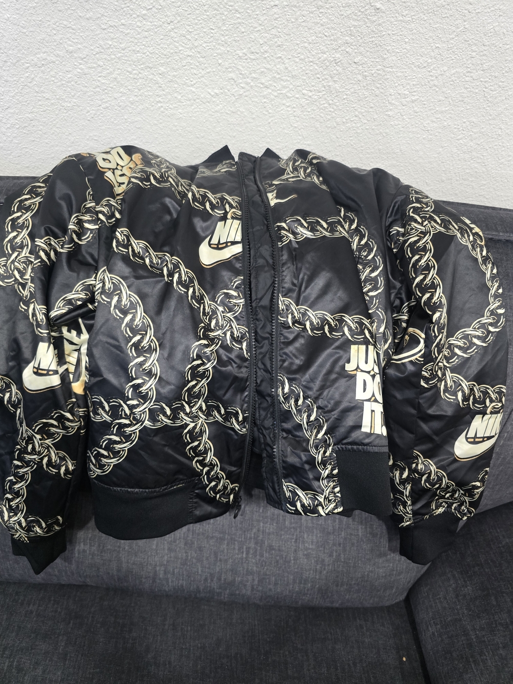 Nike Black & Gold Chain-Print Bomber Jacket - Women's